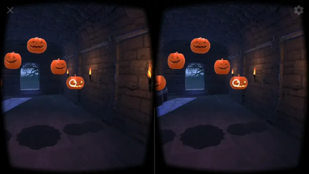 Screenshot aus der VR App - im Innenraum des Mausoleums, das Kurbisspiel mit laufender Spielesequenz.