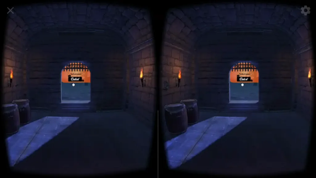 Screenshot aus der VR App - Blick auf den Ausgang des Mausoleums mit Restart-Button.